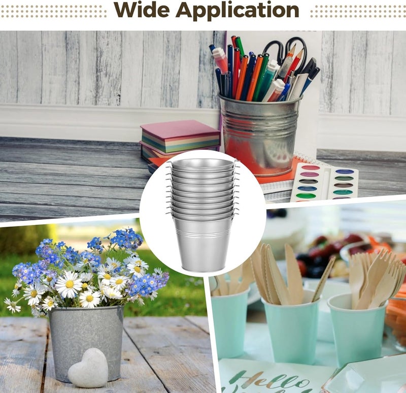 30-Pc Mini Galvanized Metal Buckets — Silver Iron Pails w/Handles, Erasable Stickers & Chalk Marker; ~5.1×4.5″; for DIY Crafts, Flower Pots, Wedding & Home Decor - Image 5