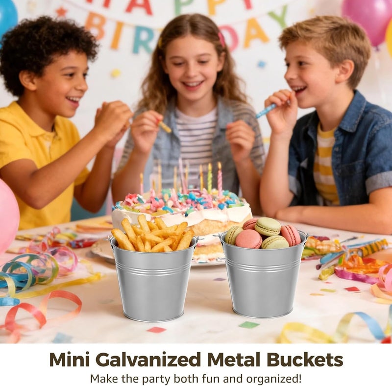 30-Pc Mini Galvanized Metal Buckets — Silver Iron Pails w/Handles, Erasable Stickers & Chalk Marker; ~5.1×4.5″; for DIY Crafts, Flower Pots, Wedding & Home Decor - Image 3
