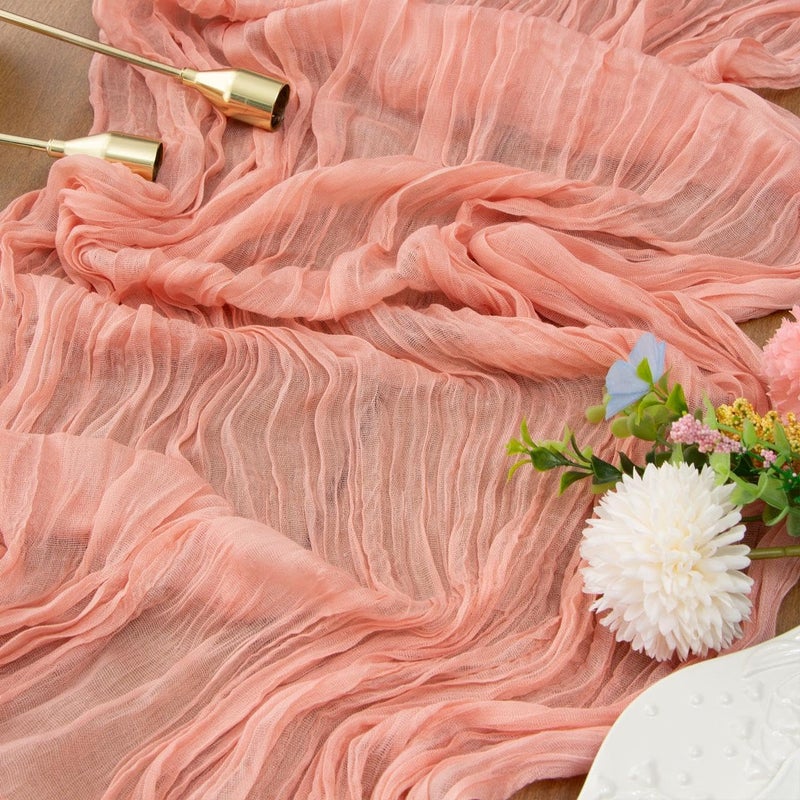 FEXIA Pink Cheesecloth Table Runner Spring Easter Table Runner 35x120 Inches for Mothers Day Bridal Shower Tea Party Spring Baby Shower Decor Table Centerpiece Decorations