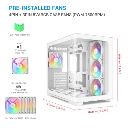 SAMA V60 Mid Tower PC Case, Curved Tempered Glass Panel, 7×120mm ARGB PWM Fans with Fan Hub, USB Type-C, High Airflow ATX PC Case for Case PC Gaming, Back-Connect Ready, 360mm AIO Support – White - Image 2
