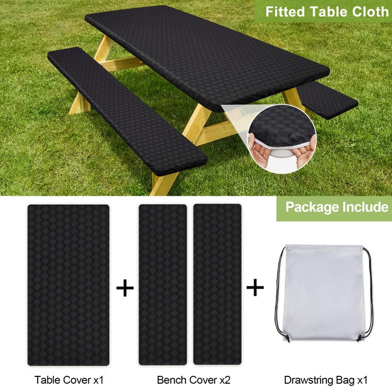 Play Tailor Picnic Table Cover with Bench Covers Camping Essentials Waterproof Windproof Camping Tablecloth with Drawstring Bag, Fitted Rectangle Tables and Seats, 72in, Black - Image 4