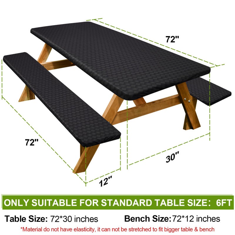 Play Tailor Picnic Table Cover with Bench Covers Camping Essentials Waterproof Windproof Camping Tablecloth with Drawstring Bag, Fitted Rectangle Tables and Seats, 72in, Black - Image 2
