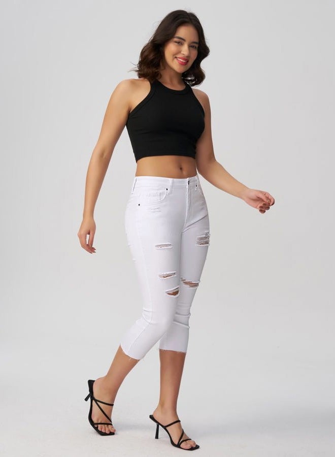 roswear Women's Chic Cutout Stretchy Denim Capri Jeans Ripped Shaping Jeggings Cropped Pants White Medium - Image 3