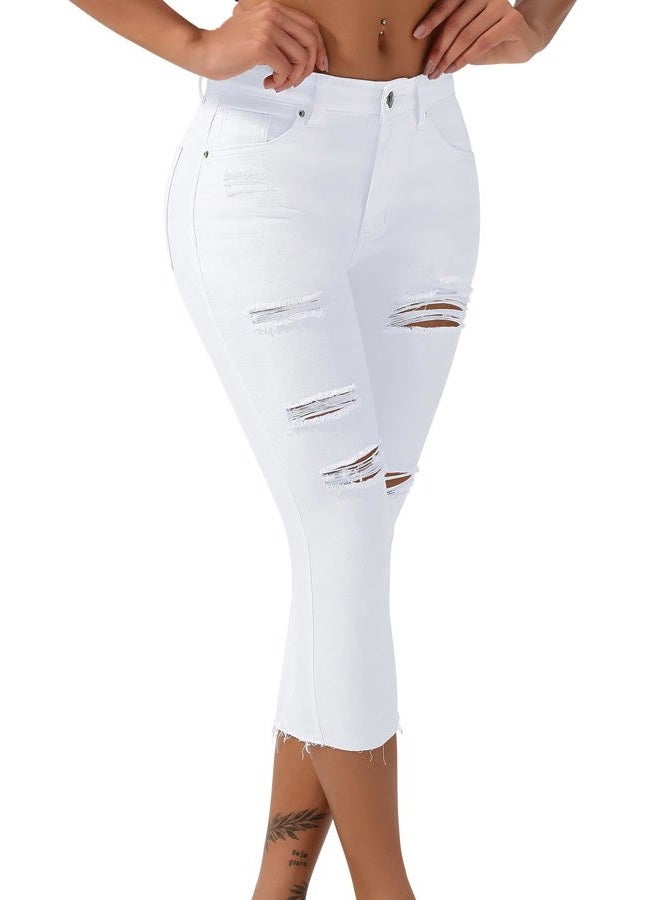 roswear Women's Chic Cutout Stretchy Denim Capri Jeans Ripped Shaping Jeggings Cropped Pants White Medium - Image 1