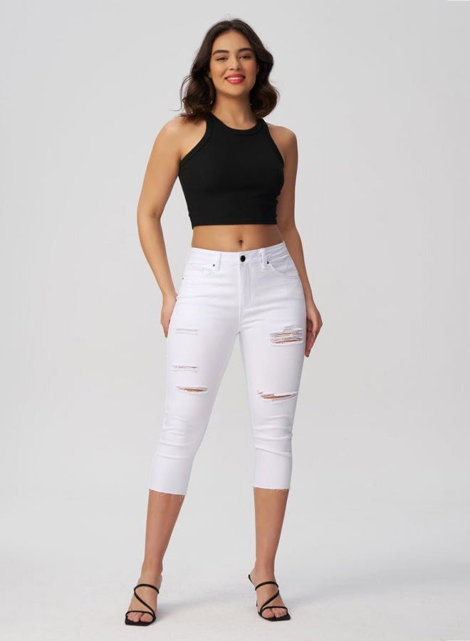 roswear Women's Chic Cutout Stretchy Denim Capri Jeans Ripped Shaping Jeggings Cropped Pants White Medium - Image 2
