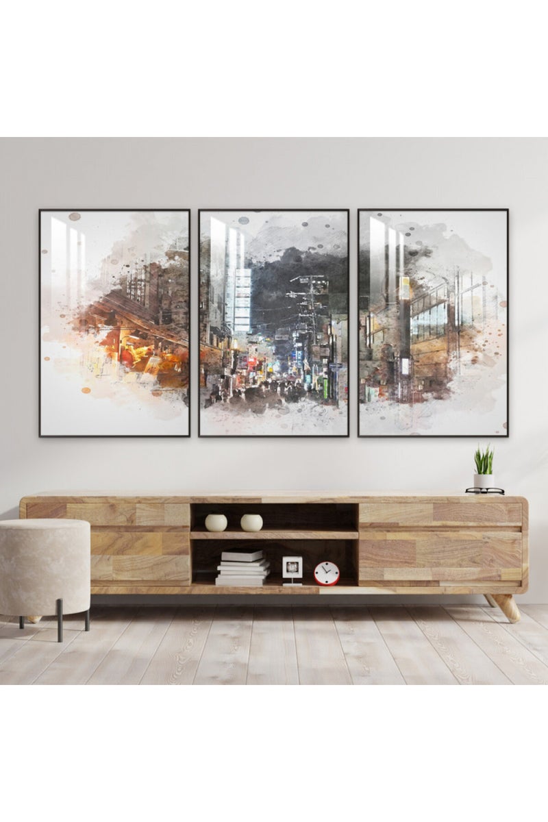 Marktna Three wooden wall painting with a frame and a clear acrylic layer - Image 1