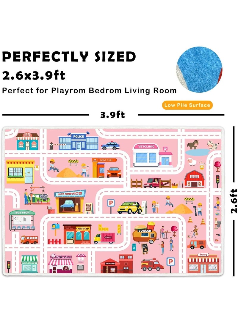 LBMT Kids Non Slip Carpet Playmat Rug,180CMx120CM Town City Road Rug for Kids Playroom Bedroom, Road Traffic Educational Carpet for Classroom, Non Slip Nursery Road Traffic Play Mat fot Kids Baby Children (Pink) - Image 2