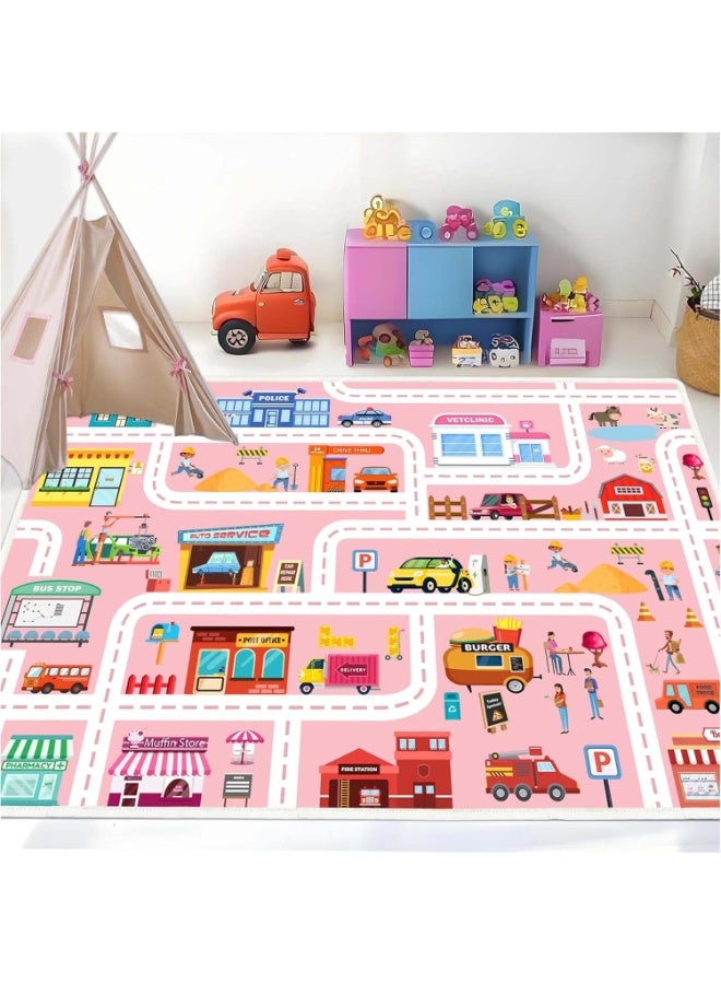 LBMT Kids Non Slip Carpet Playmat Rug,180CMx120CM Town City Road Rug for Kids Playroom Bedroom, Road Traffic Educational Carpet for Classroom, Non Slip Nursery Road Traffic Play Mat fot Kids Baby Children (Pink) - Image 1