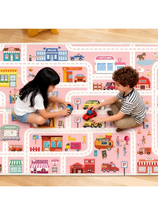LBMT Kids Non Slip Carpet Playmat Rug,180CMx120CM Town City Road Rug for Kids Playroom Bedroom, Road Traffic Educational Carpet for Classroom, Non Slip Nursery Road Traffic Play Mat fot Kids Baby Children (Pink) - Image 3
