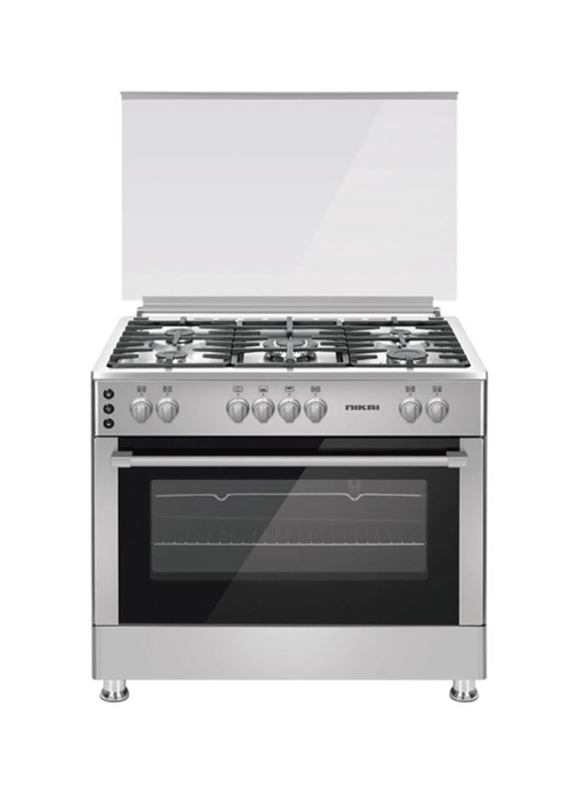 NIKAI 90x60cm 5 Burner FreestAnding Gas Cooker With Gas Grill And Oven, Ignition in Hob And Oven, Cooling Fan, Cast Iron Pan Supports, Timer, Close Door grilling, Turnspit, Made in Turkey U9066FSSPTN10 Silver - Image 1