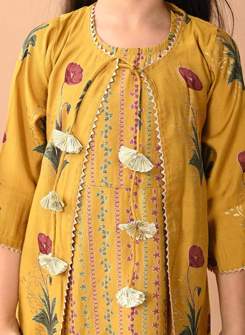 Bonkids Yellow Kurta Set Straight Fit made from Cotton featuring Self Design design and Round Neck neckline - Perfect for Festive! - Image 2