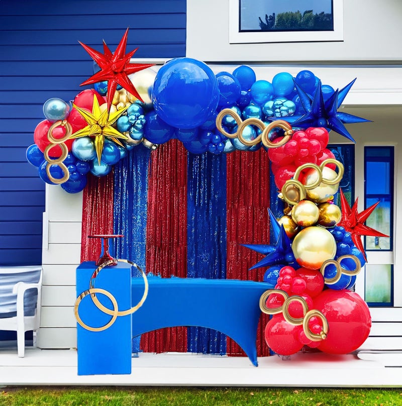 Kozee Red Blue Gold Balloon garland arch Kit 130 PCS chrome blue with foil Star diy long balloons for kid video game Cartoon Hedgehog theme birthday superhero gamer party decorations - Image 1