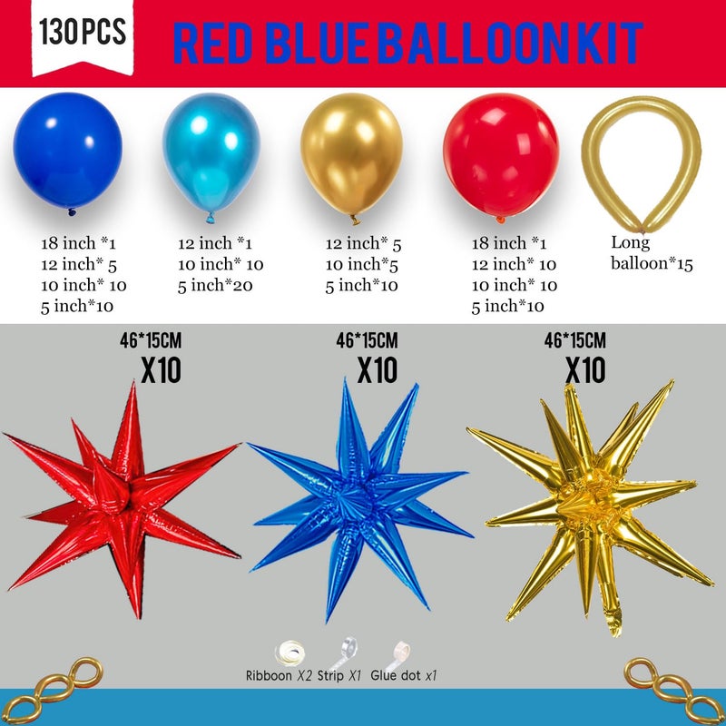 Kozee Red Blue Gold Balloon garland arch Kit 130 PCS chrome blue with foil Star diy long balloons for kid video game Cartoon Hedgehog theme birthday superhero gamer party decorations - Image 5