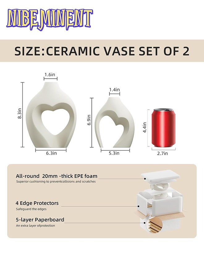 NIBEMINENT مزهرية بيضاء للديكور، مجموعة مزهريتين على شكل قلب من الراتنج، مزهريات على شكل قلب نوردية، مزهرية زخرفية بسيطة لمركز الطاولة في حفلات الزفاف، تناول الطعام، غرفة المعيشة، المكتب، ديكور المنزل - Image 3