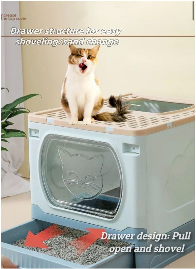 LIMOS - Large Foldable Cat Litter Box with Lid and Kitty Litter Scoop Drawer Front Entry & Top Exit Covered Kitten Box - Image 1