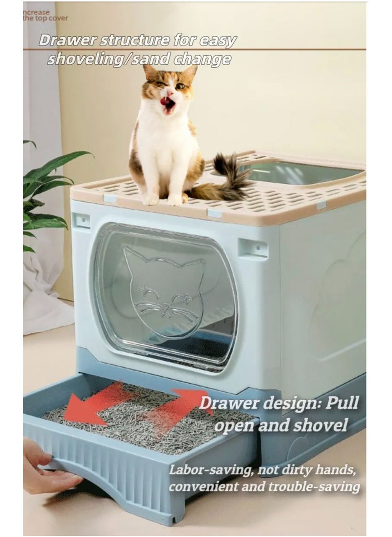 LIMOS - Large Foldable Cat Litter Box with Lid and Kitty Litter Scoop Drawer Front Entry & Top Exit Covered Kitten Box - Image 1