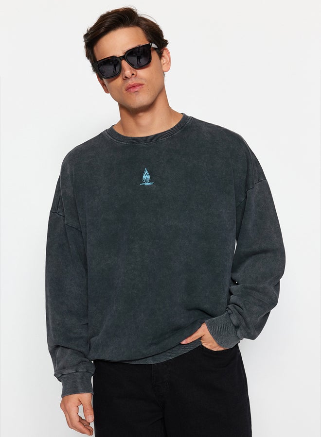 trendyol Anthracite Oversize/Wide Cut Faded Effect Mystic Themed Unshaded Sweatshirt - Image 2