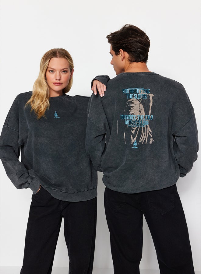 trendyol Anthracite Oversize/Wide Cut Faded Effect Mystic Themed Unshaded Sweatshirt - Image 1
