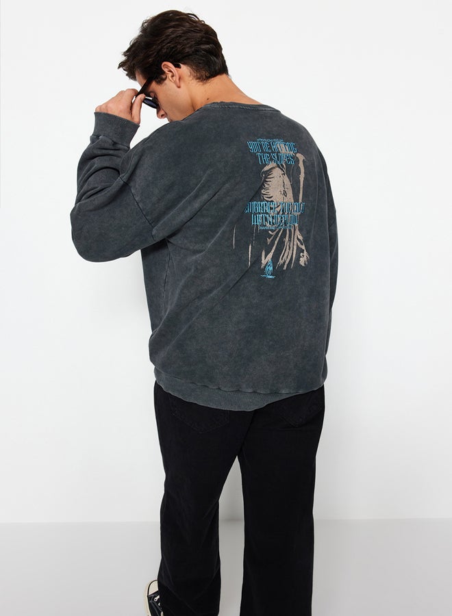 trendyol Anthracite Oversize/Wide Cut Faded Effect Mystic Themed Unshaded Sweatshirt - Image 4