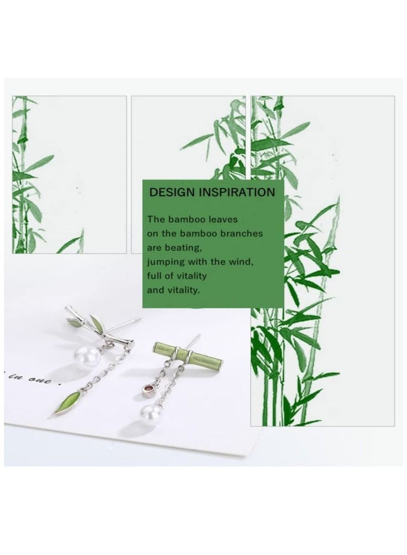 KASTWAVE One Pair Sterling Silver Asymmetric Earrings, Bamboo Pearl Drop Earrings Chinese Style Silver Earrings Retro Inspired Pearl Earrings Small Fresh Earrings Chinese Style Natural Flavor Gifts for Women - Image 5