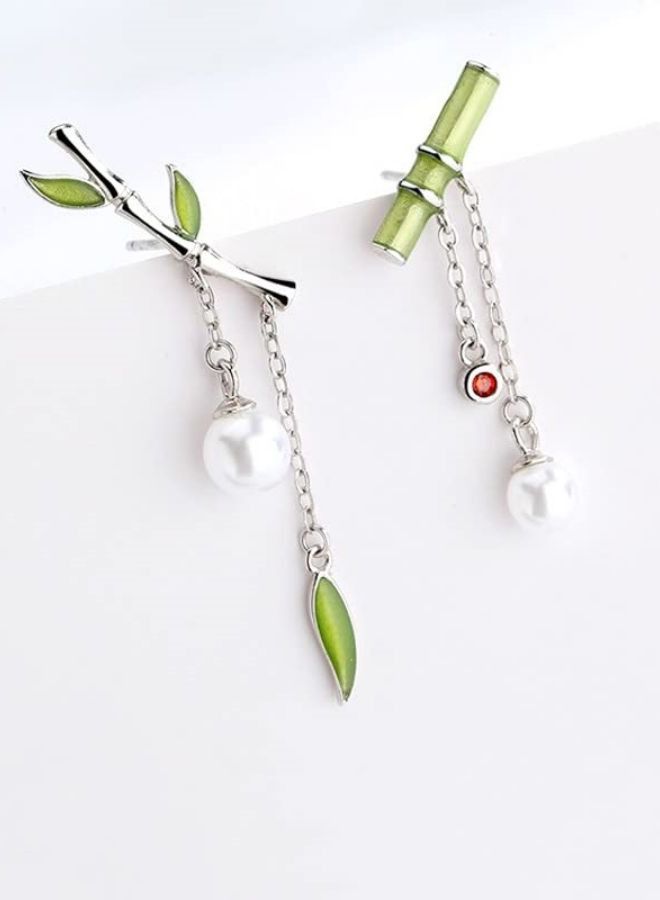 KASTWAVE One Pair Sterling Silver Asymmetric Earrings, Bamboo Pearl Drop Earrings Chinese Style Silver Earrings Retro Inspired Pearl Earrings Small Fresh Earrings Chinese Style Natural Flavor Gifts for Women - Image 1