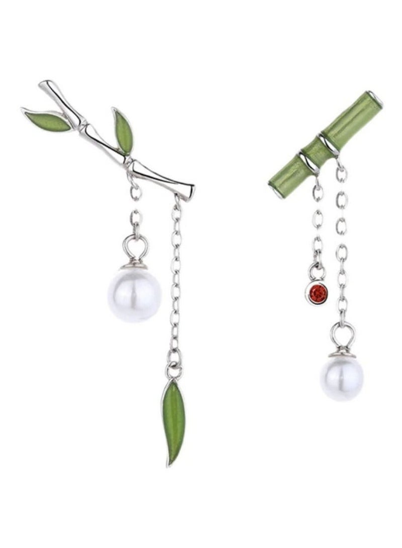 KASTWAVE One Pair Sterling Silver Asymmetric Earrings, Bamboo Pearl Drop Earrings Chinese Style Silver Earrings Retro Inspired Pearl Earrings Small Fresh Earrings Chinese Style Natural Flavor Gifts for Women - Image 2