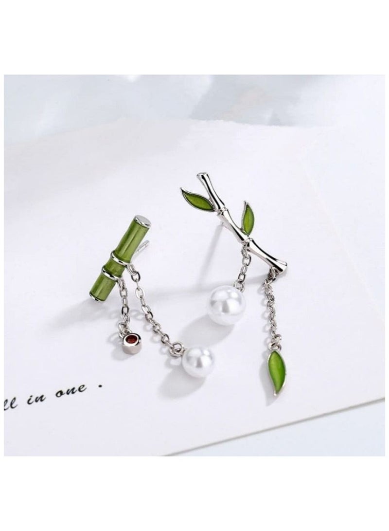KASTWAVE One Pair Sterling Silver Asymmetric Earrings, Bamboo Pearl Drop Earrings Chinese Style Silver Earrings Retro Inspired Pearl Earrings Small Fresh Earrings Chinese Style Natural Flavor Gifts for Women - Image 3