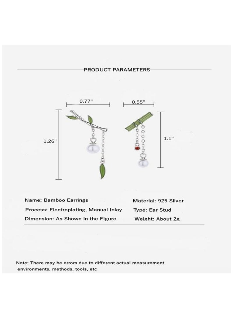 KASTWAVE One Pair Sterling Silver Asymmetric Earrings, Bamboo Pearl Drop Earrings Chinese Style Silver Earrings Retro Inspired Pearl Earrings Small Fresh Earrings Chinese Style Natural Flavor Gifts for Women - Image 4