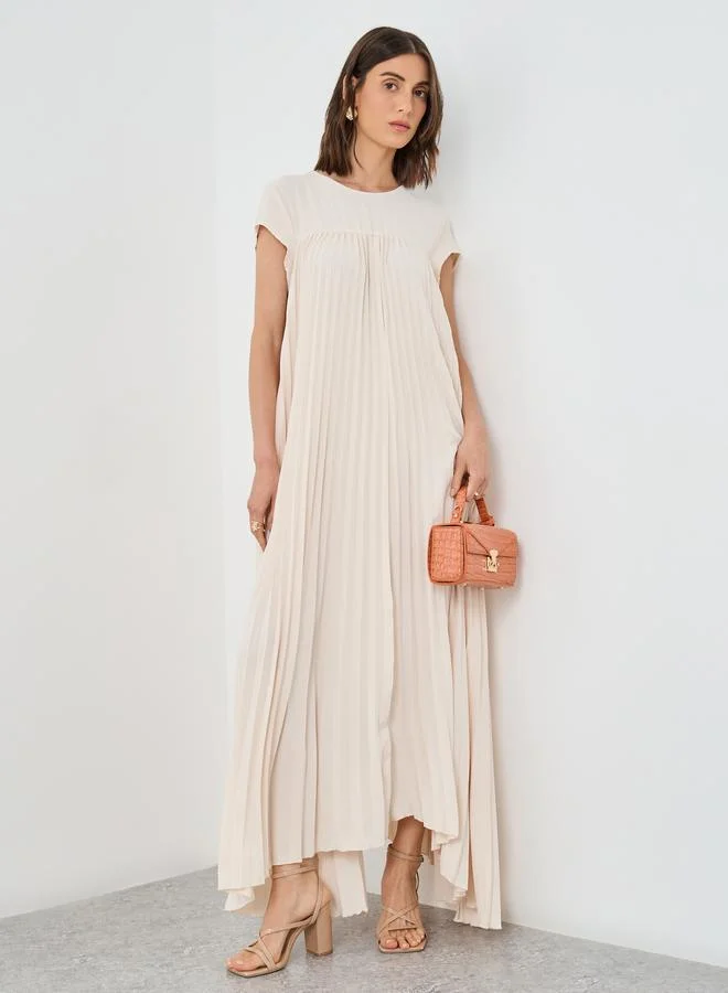 Take Two Take Two Women Beige Solid Pleated A-Line Maxi Dress