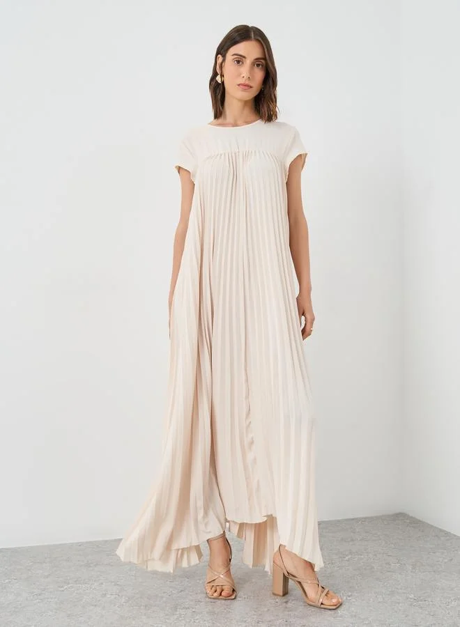 Take Two Take Two Women Beige Solid Pleated A-Line Maxi Dress