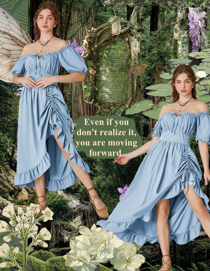 Scarlet Darkness Summer Dress for Women Off Shoulder Peasant Dress Renaissance Faire Costume Light Blue L - Image 2