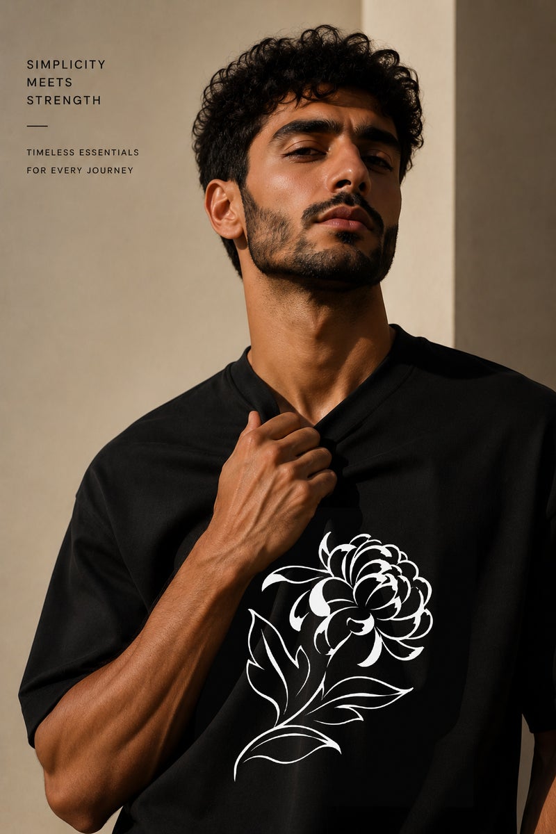 Men's Oversized Black Floral Graphic T-Shirt Casual Short Sleeve Crew Neck Streetwear Tee - Image 5