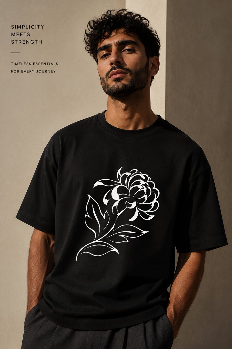Men's Oversized Black Floral Graphic T-Shirt Casual Short Sleeve Crew Neck Streetwear Tee - Image 1