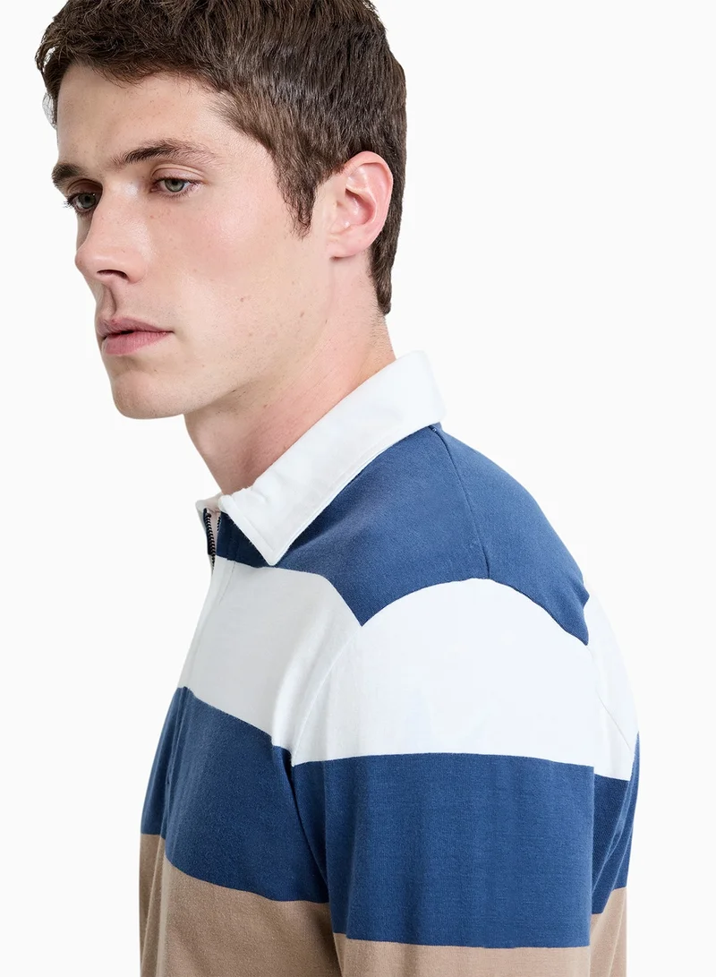 French Connection Striped Zipperd Polo Long Sleeve