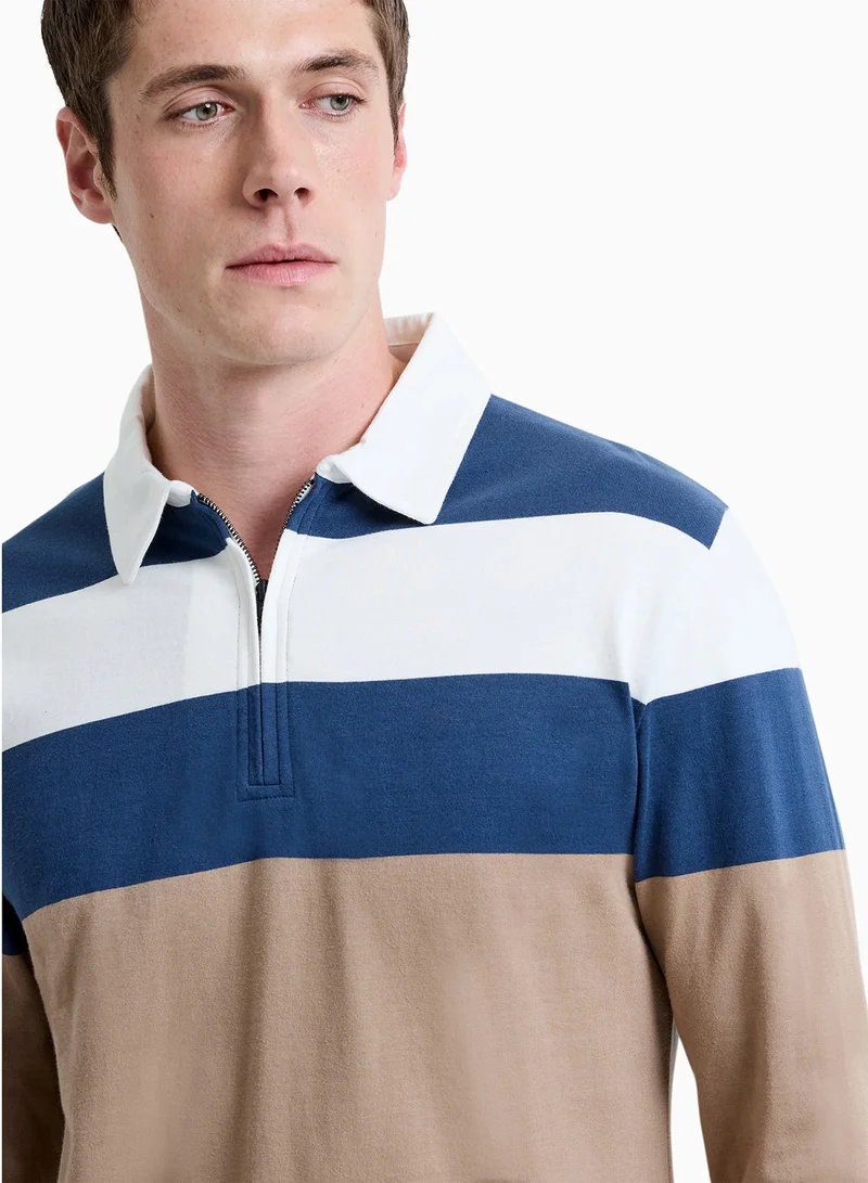 French Connection Striped Zipperd Polo Long Sleeve