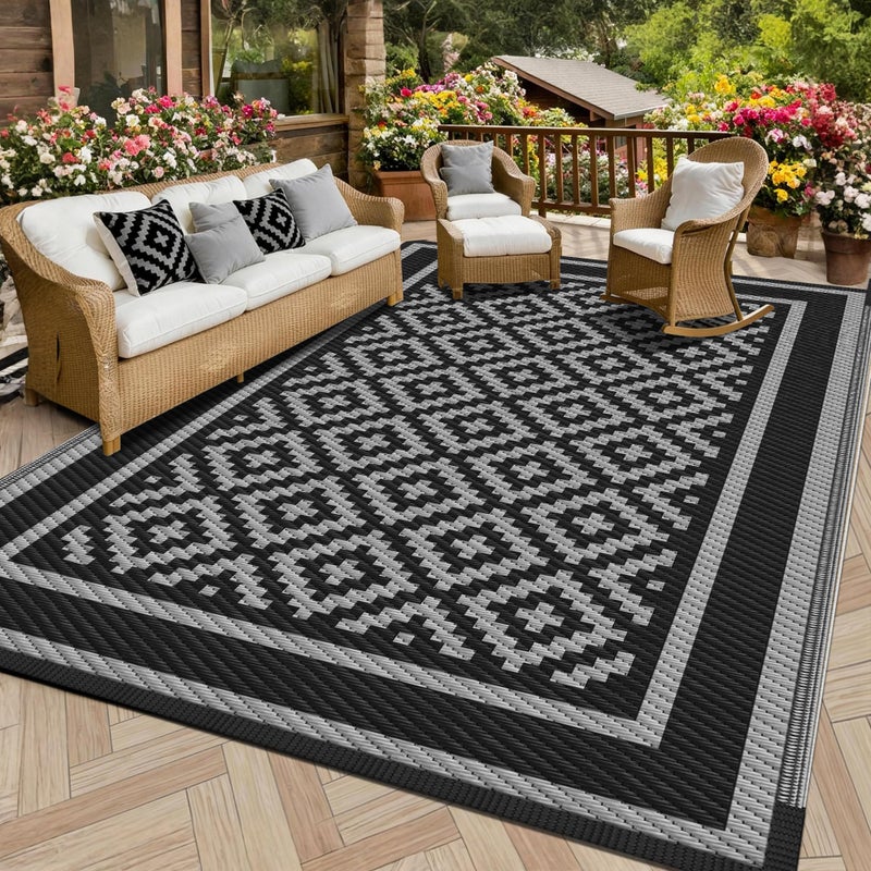 Kohree RV Outdoor Rug 9x12 Reversible, Waterproof Patio Mat with 4 Stakes & UV Fade Resistant, Non-Slip Outdoor Camping Mat for Deck, Picnic, Backyard, Includes Carry Bag (Black & Grey) - Image 1