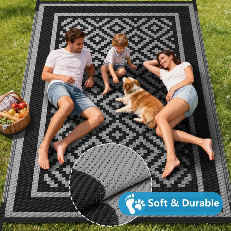 Kohree RV Outdoor Rug 9x12 Reversible, Waterproof Patio Mat with 4 Stakes & UV Fade Resistant, Non-Slip Outdoor Camping Mat for Deck, Picnic, Backyard, Includes Carry Bag (Black & Grey) - Image 5