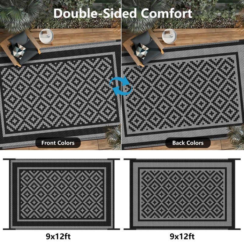Kohree RV Outdoor Rug 9x12 Reversible, Waterproof Patio Mat with 4 Stakes & UV Fade Resistant, Non-Slip Outdoor Camping Mat for Deck, Picnic, Backyard, Includes Carry Bag (Black & Grey) - Image 4