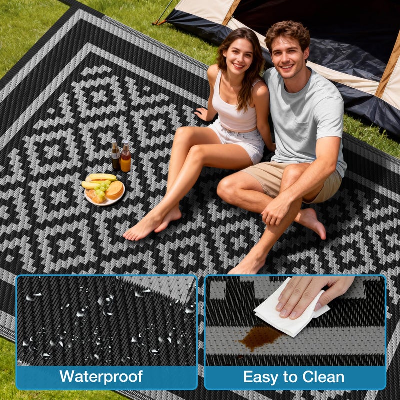 Kohree RV Outdoor Rug 9x12 Reversible, Waterproof Patio Mat with 4 Stakes & UV Fade Resistant, Non-Slip Outdoor Camping Mat for Deck, Picnic, Backyard, Includes Carry Bag (Black & Grey) - Image 3