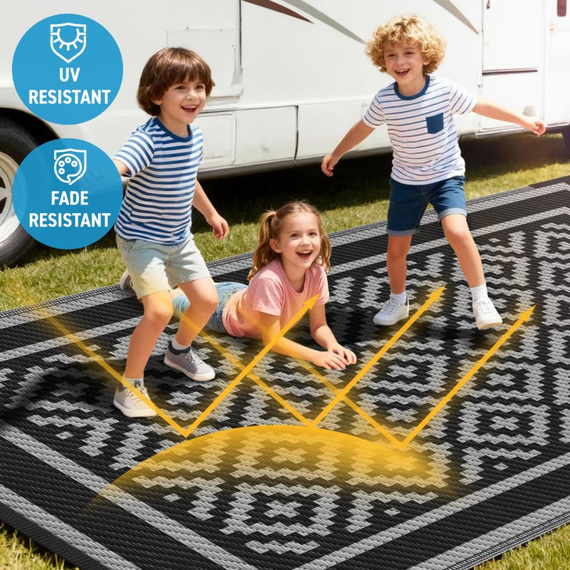 Kohree RV Outdoor Rug 9x12 Reversible, Waterproof Patio Mat with 4 Stakes & UV Fade Resistant, Non-Slip Outdoor Camping Mat for Deck, Picnic, Backyard, Includes Carry Bag (Black & Grey) - Image 2