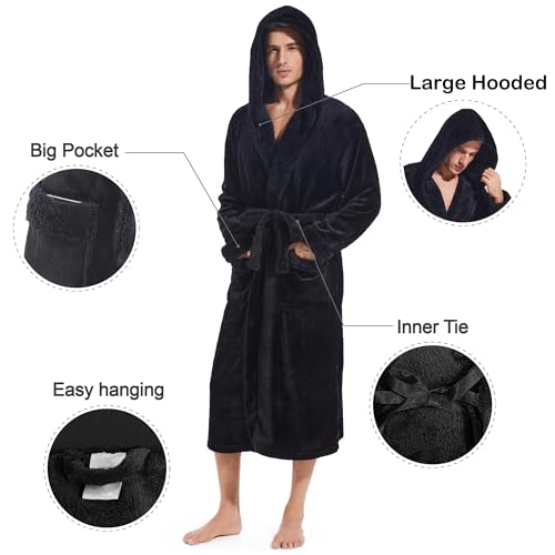 Inner Wish Mens Hooded Robe, Plush Long Bath robes Cozy Warm Bathrobe Fuzzy male Spa Robe With Pockets，BLACK+BLACK，L/XL - Image 4