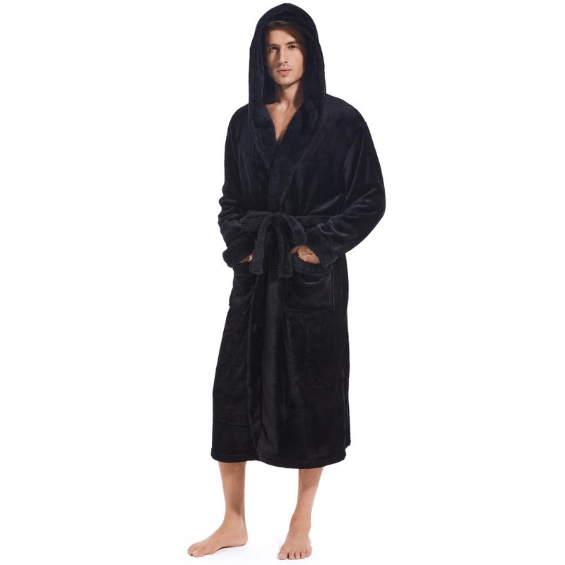 Inner Wish Mens Hooded Robe, Plush Long Bath robes Cozy Warm Bathrobe Fuzzy male Spa Robe With Pockets，BLACK+BLACK，L/XL - Image 5