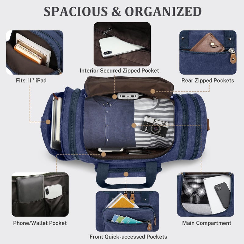Gonex Canvas Duffle Bag for Travel 50L Expandable Duffel Weekend Overnight Bag men (Blue) - Image 4