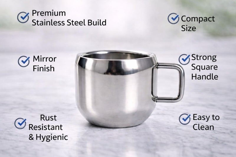VISAXMI Stainless Steel Tea Cups Set of 12 with Handle | Mirror Finish Chai Cups | 90ml Tea & Coffee Serving Cups | Rust Resistant | Double wall Apple Shaped (Silver) - Image 5