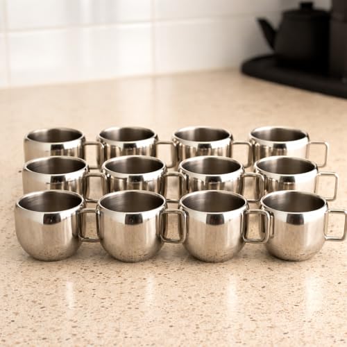 VISAXMI Stainless Steel Tea Cups Set of 12 with Handle | Mirror Finish Chai Cups | 90ml Tea & Coffee Serving Cups | Rust Resistant | Double wall Apple Shaped (Silver) - Image 1
