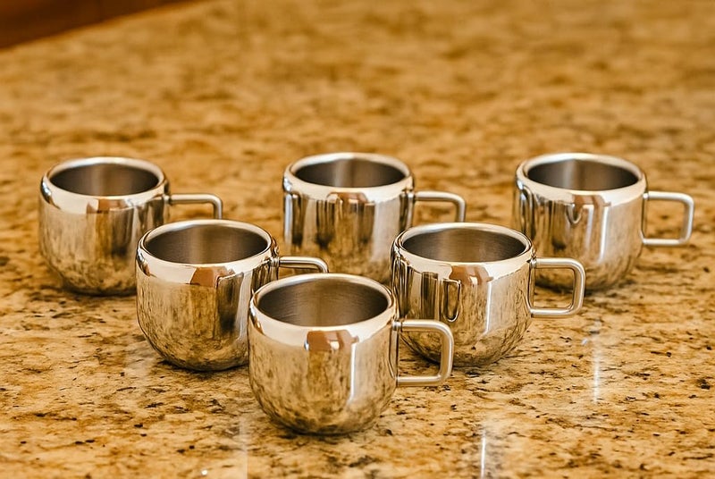 VISAXMI Stainless Steel Tea Cups Set of 12 with Handle | Mirror Finish Chai Cups | 90ml Tea & Coffee Serving Cups | Rust Resistant | Double wall Apple Shaped (Silver) - Image 3