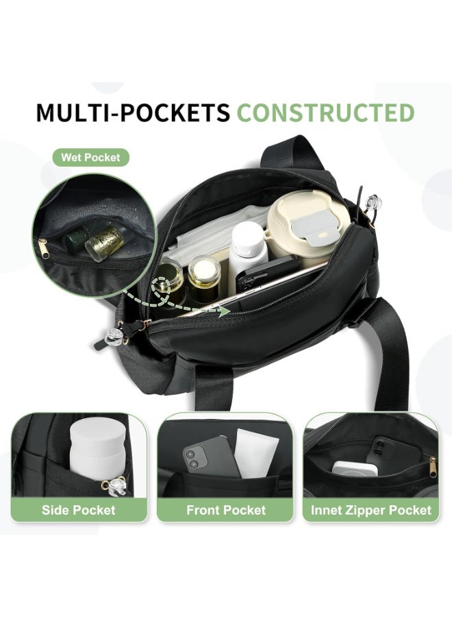 Soofam حقيبة جيم صغيرة للنساء والفتيات، حقيبة لياقة بدنية لطيفة مع قسم مبلل مقاوم للماء لليوغا والسفر والتمارين الرياضية، سوداء - Image 5