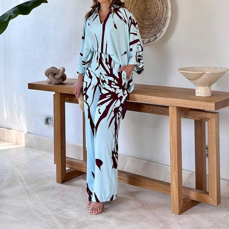 2024 spring and autumn new European and American womens temu fashion long sleeve elegant loose bat sleeve top wide leg pants set blue background black print