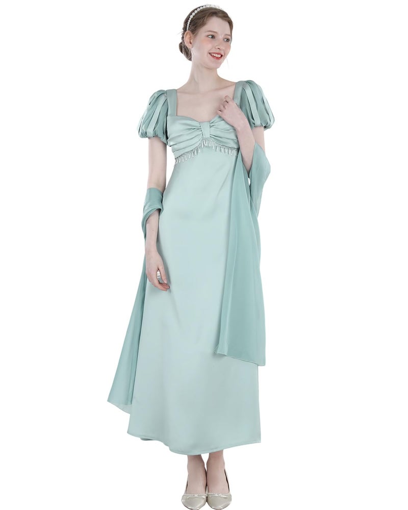 FCCAM FCCAM FCCAM Regency Dresses for Women Blue Regency Costume 1800s Victorian Dress Ball Gown with Shawl XL - Image 4