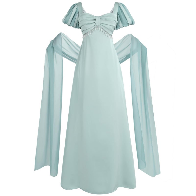 FCCAM FCCAM FCCAM Regency Dresses for Women Blue Regency Costume 1800s Victorian Dress Ball Gown with Shawl XL - Image 1